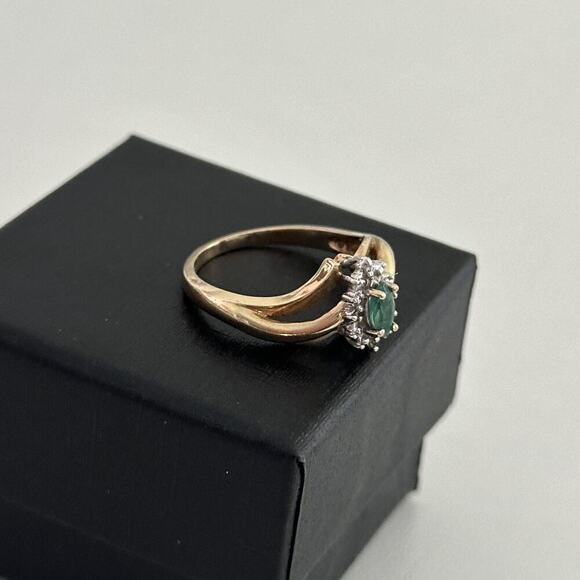 10K Yellow Gold Emerald Marquise & Diamonds Accent Halo Ladies Band Ring Size 6 - Picture 7 of 14